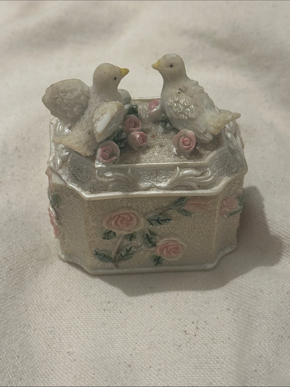Decorative Bird Trinket Box - Pearl White with Pink Roses